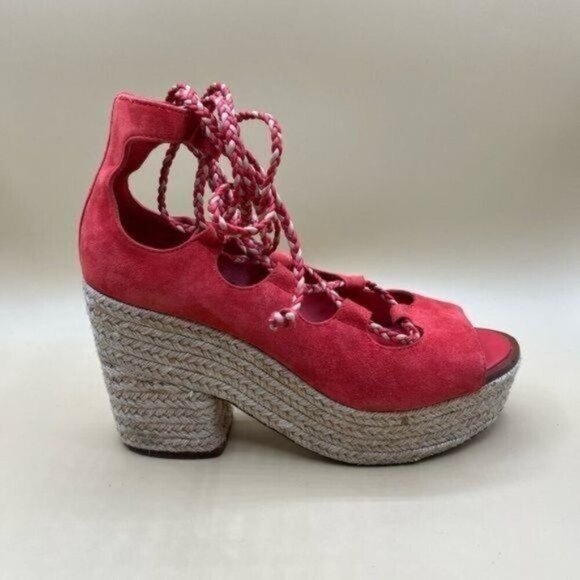 Tory Burch Poppy Orange Lace Up Positano Platform Espadrille Size 7 - Picture 2 of 10